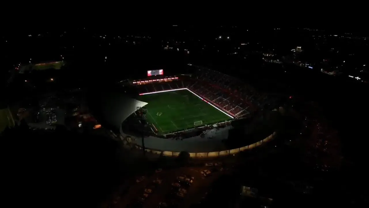 Light show en el descanso de un partido del RCD Mallorca en Son Moix, grabado desde el drone